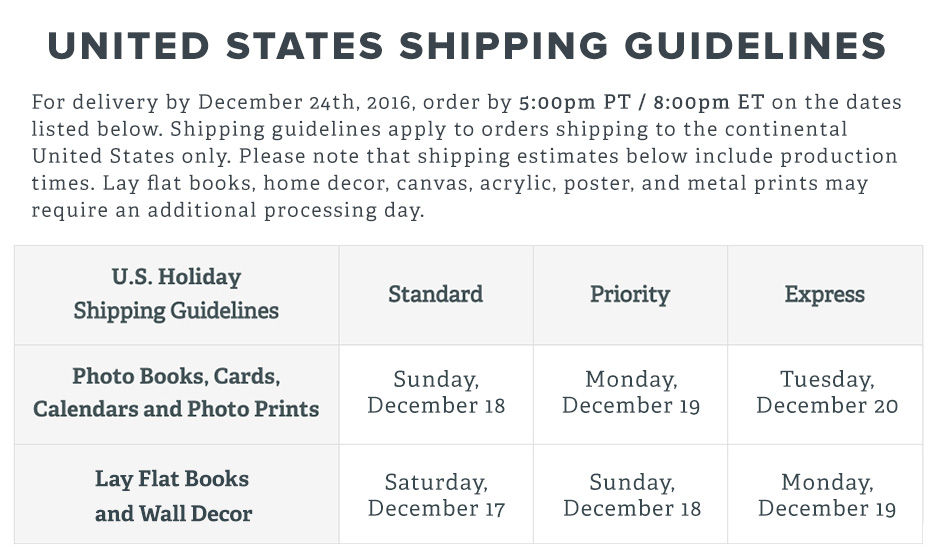 US HOLIDAY SHIPPING GUIDELINES